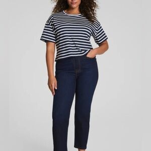 Spanx Navy and White Striped Women's Crop Top Size L